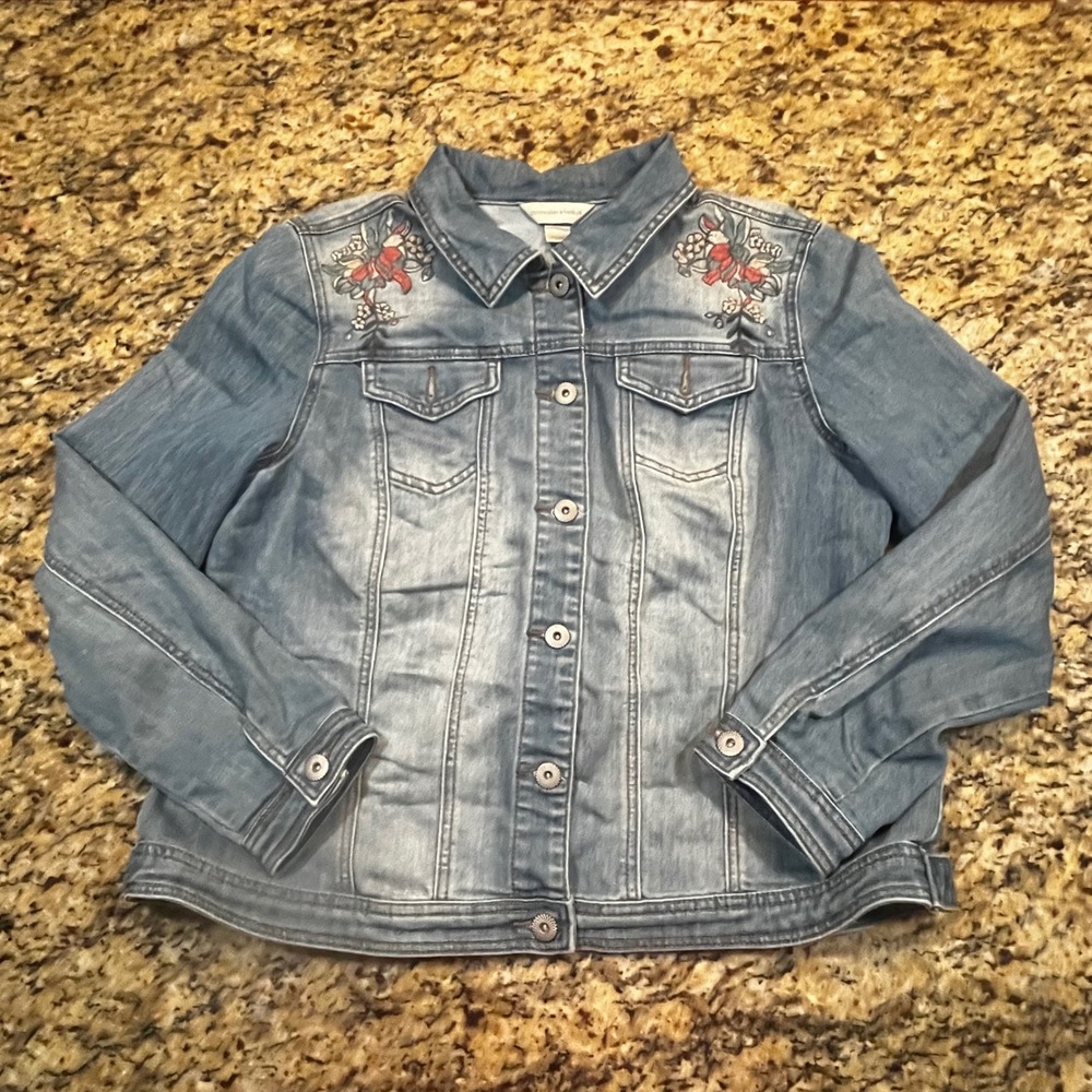 Christopher & Banks Womens Floral Embroidered Denim Jacket Blue Stretch Large